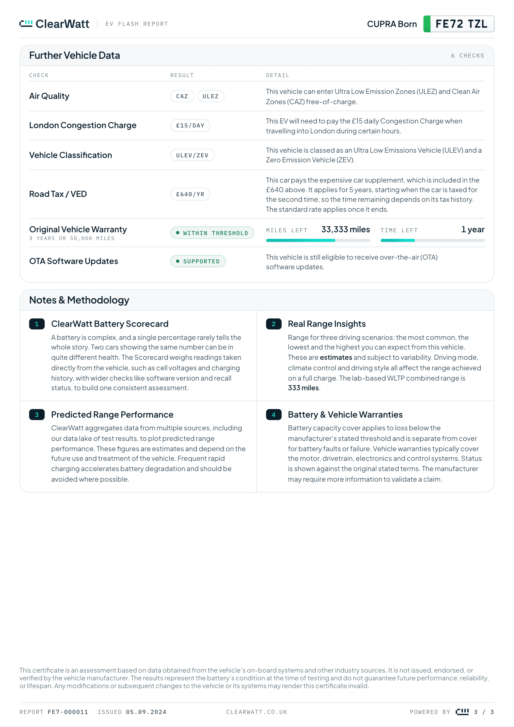 ClearWatt EV Flash Report diagnostics page